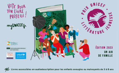 Illustration of UNICEF Literature Prize's poster. In it, 8 people pose for a photographer.